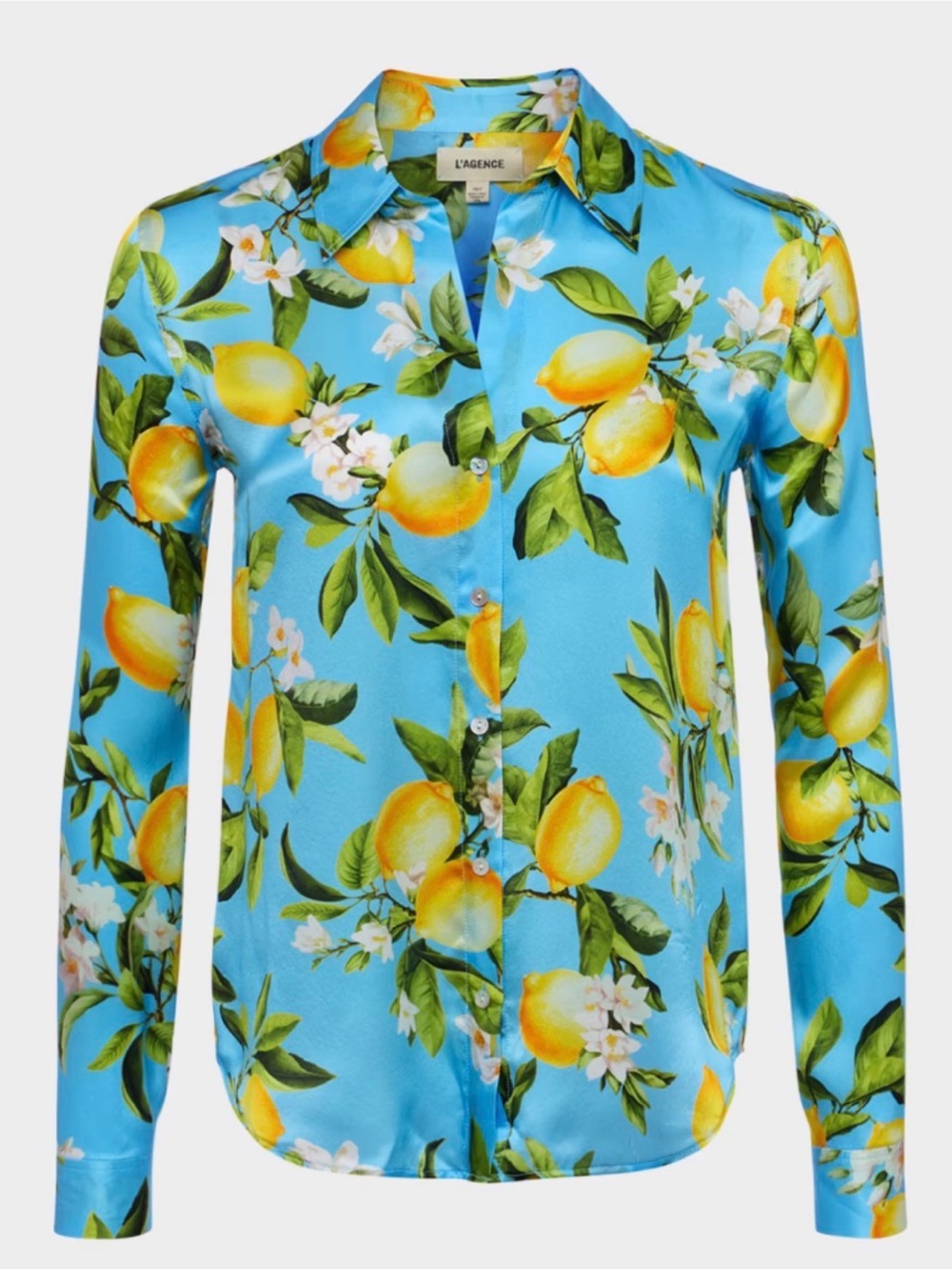 L'AGENCE Tyler Blue Lemon-Print Silk Shirt